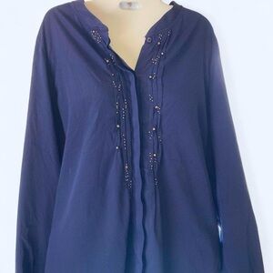 Coldwater Creek Women's Navy Embellished Top with beaded f Eront